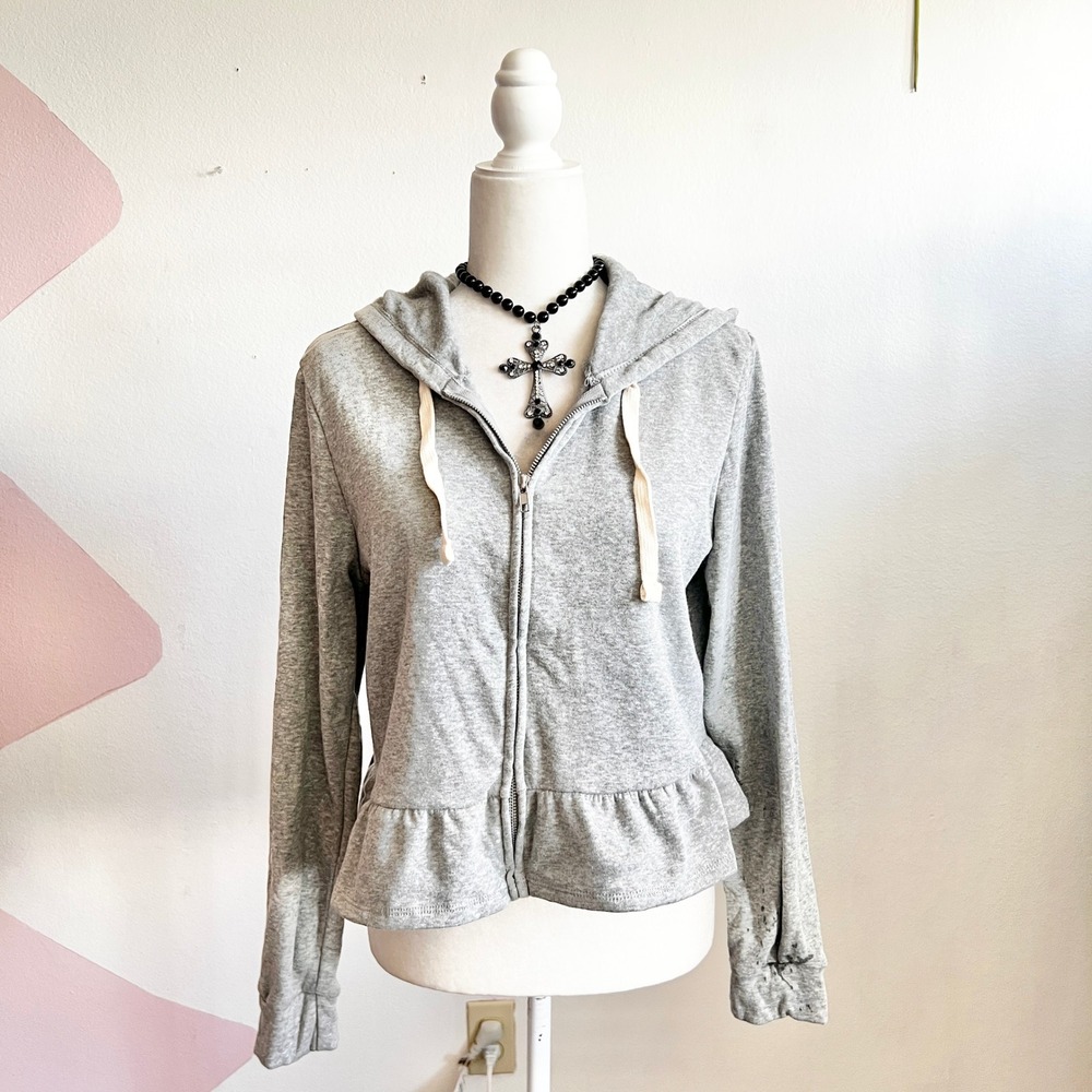 Gray Ruffle Zip Up Sweater Vintage Inspired Retro Coquette Soft Girl Large‎